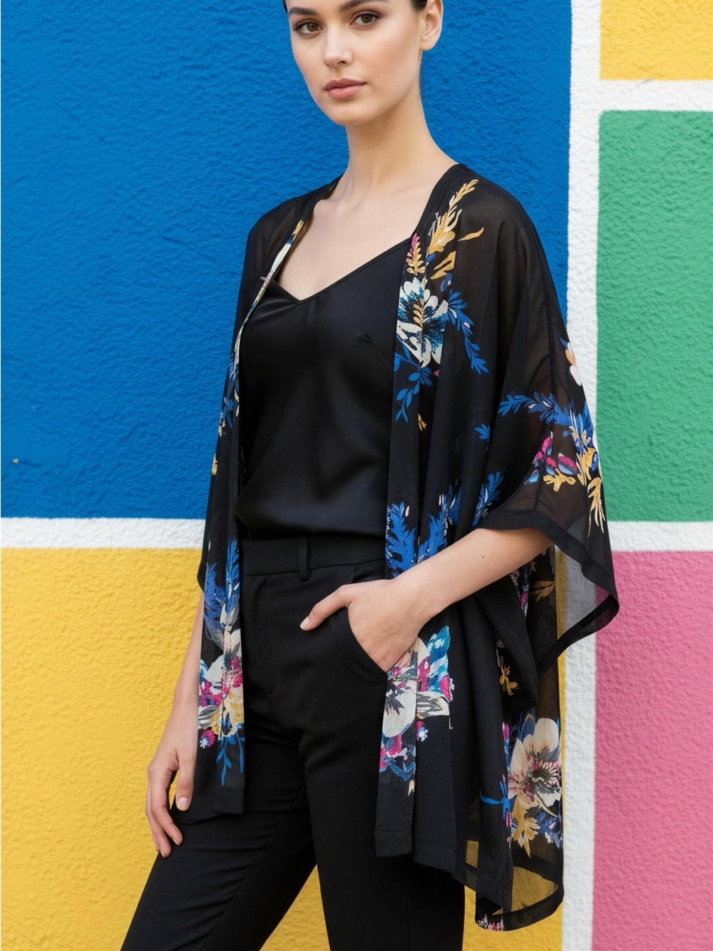 Forever 21 Black Sheer Floral Kimono Cardigan